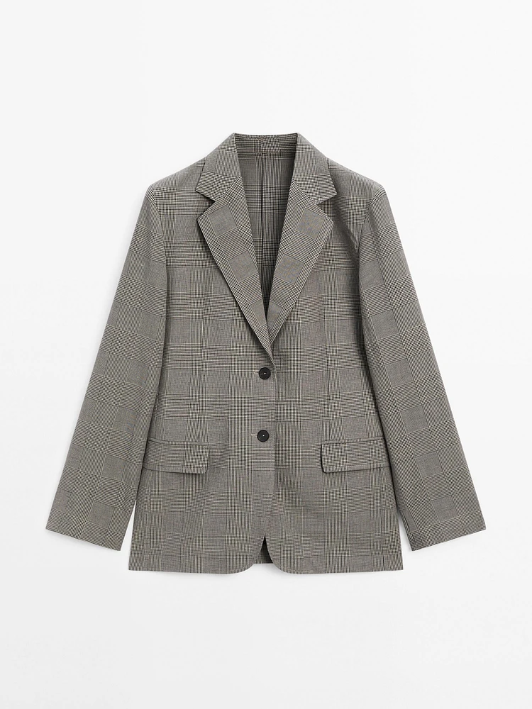 Blazer à carreaux en coton et lin mélangés