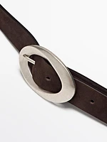 Nubuck leather belt with oval buckle