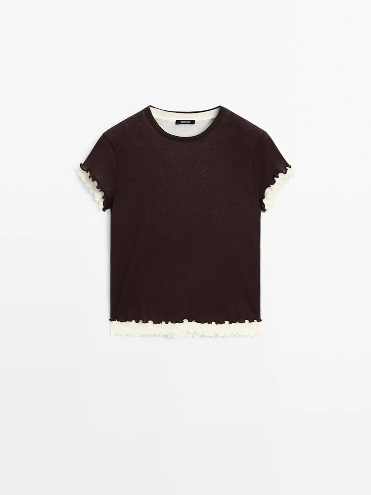 T-shirt effet superposé à bords-côtes ondulés