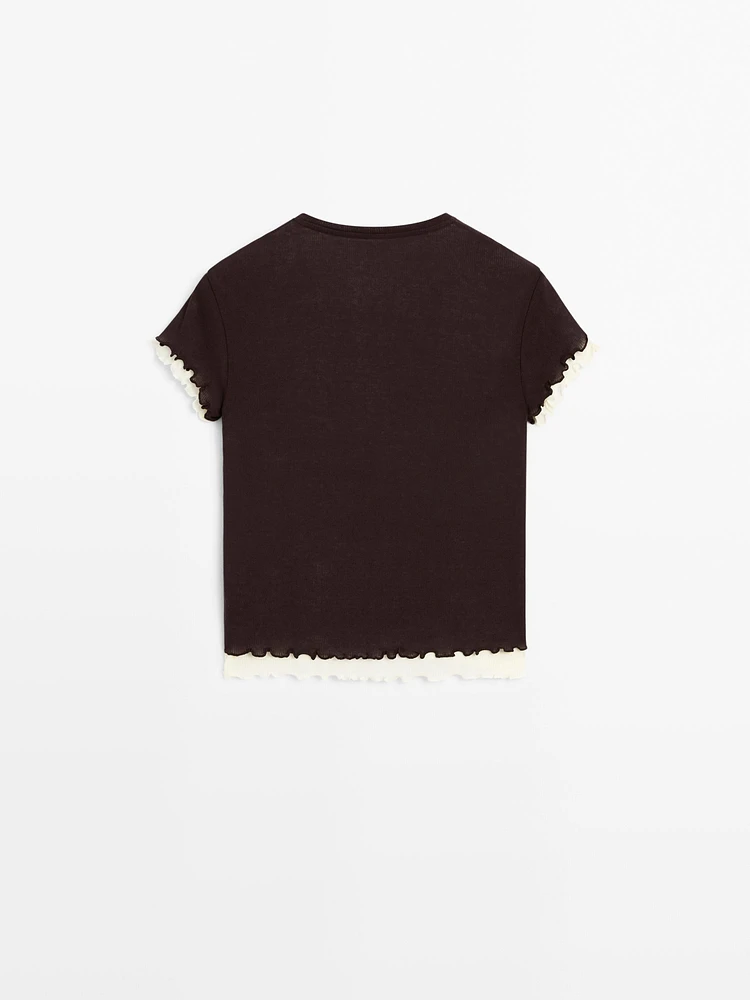 T-shirt effet superposé à bords-côtes ondulés