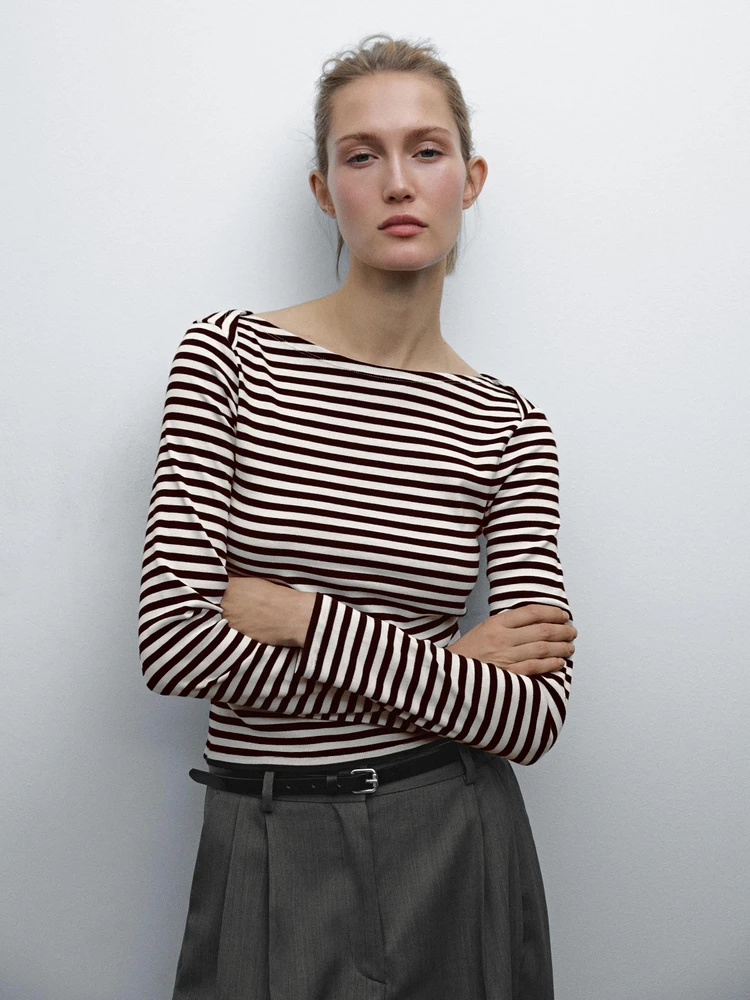 Striped T-shirt with crossover shoulder detail