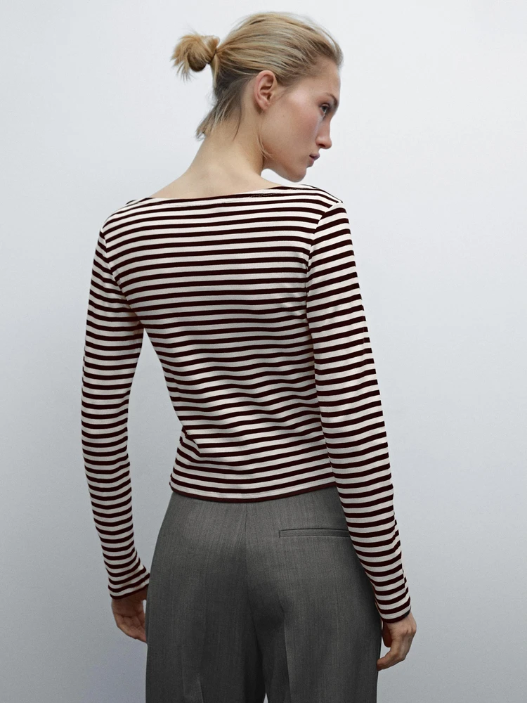 Striped T-shirt with crossover shoulder detail