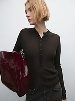 Wool blend ribbed knit T-shirt with buttons