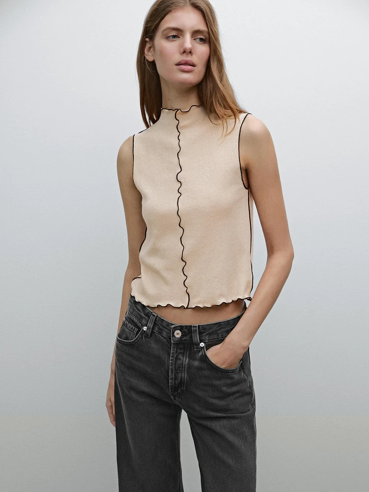 Funnel neck top with trims