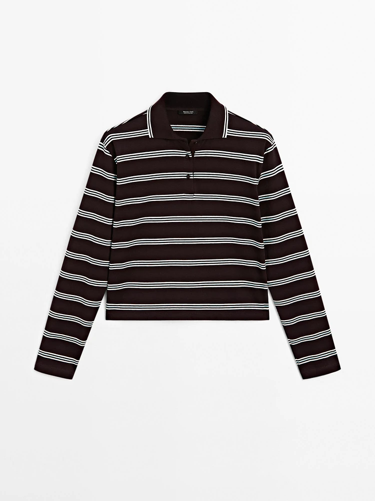 Striped cotton knit polo sweater