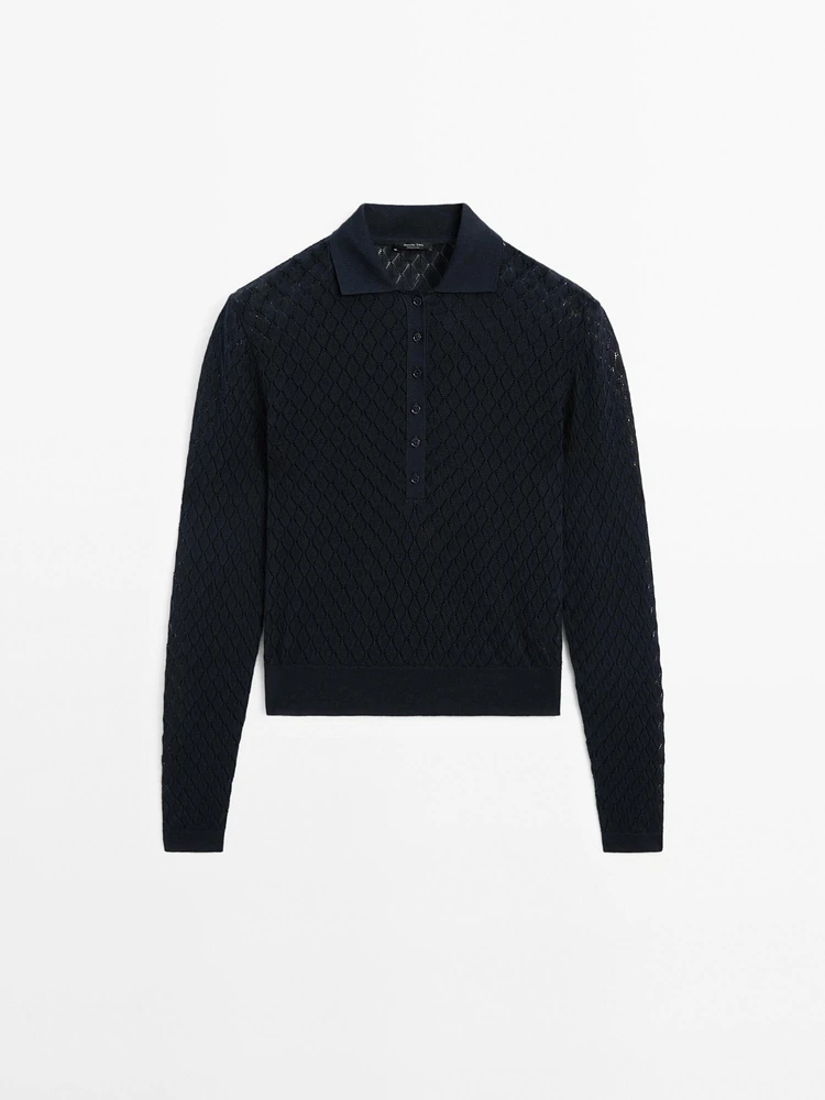 Knit T-shirt with openwork polo collar