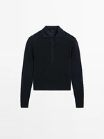 Knit T-shirt with openwork polo collar