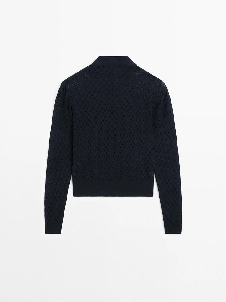 Knit T-shirt with openwork polo collar