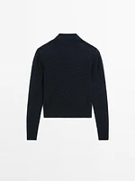 Knit T-shirt with openwork polo collar