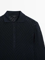 Knit T-shirt with openwork polo collar