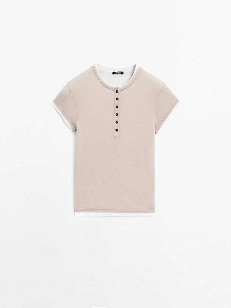 Double-layer cotton henley T-shirt