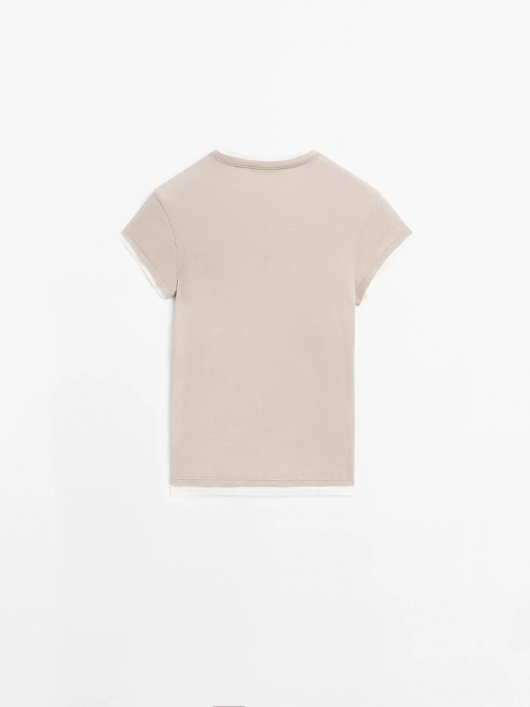 Double-layer cotton henley T-shirt