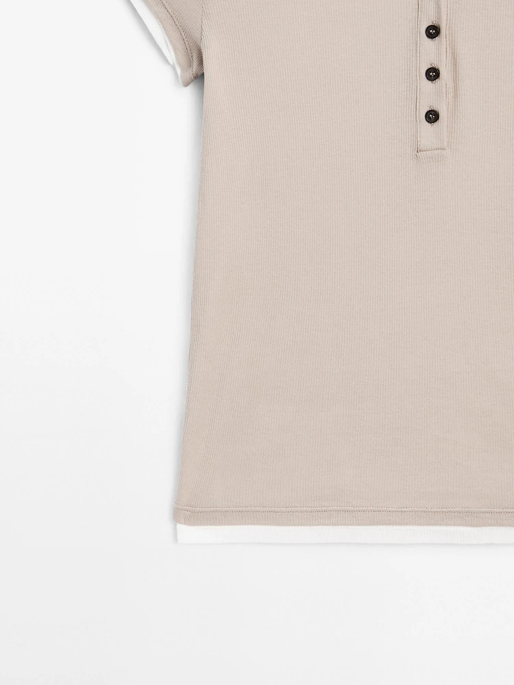 Double-layer cotton henley T-shirt