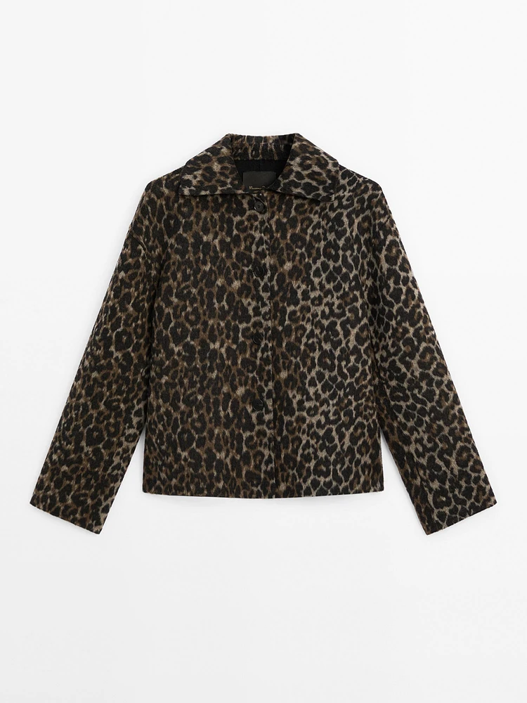 Short wool blend animal print coat