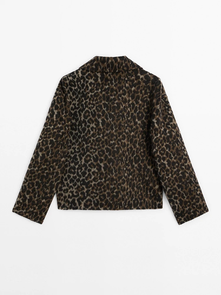 Short wool blend animal print coat