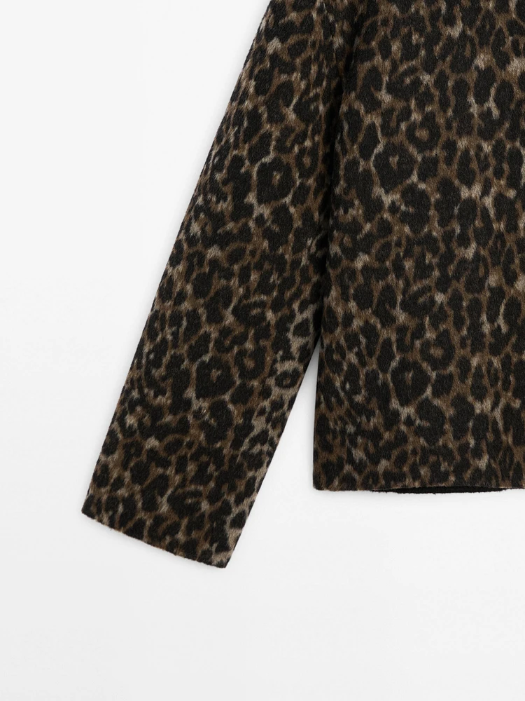 Short wool blend animal print coat