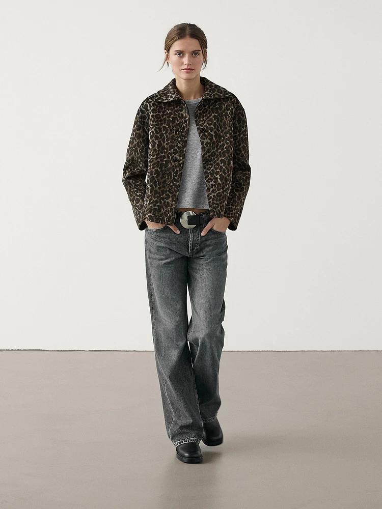 Short wool blend animal print coat