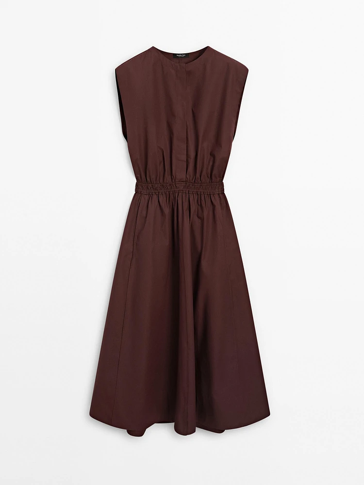 Poplin midi dress with elasticated waistband