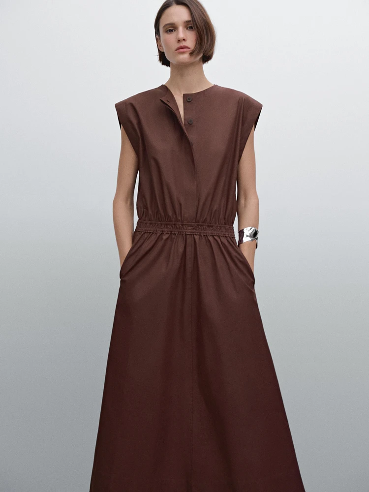 Poplin midi dress with elasticated waistband