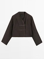 Linen blend jacket with leather fastening detail