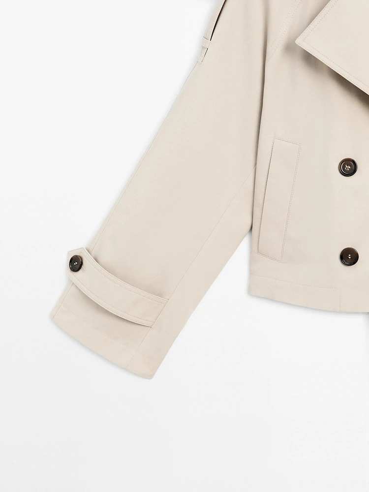 100% cotton short trench coat with lapel collar