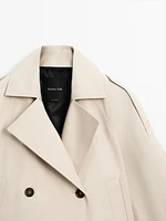 100% cotton short trench coat with lapel collar