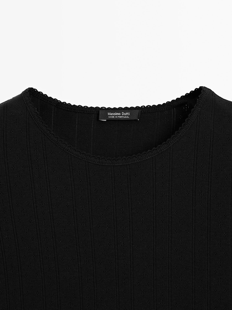 Pointelle openwork cotton T-shirt