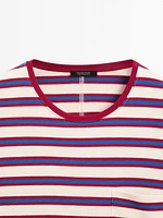 Multi-striped cotton T-shirt with pocket