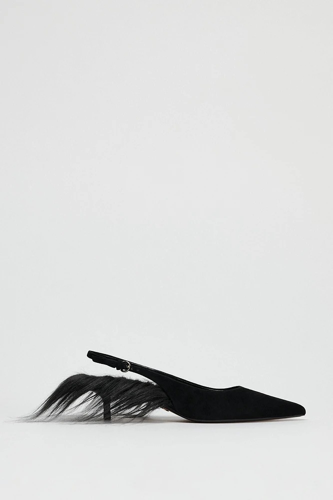 LEATHER SLINGBACK HEELS WITH FAUX FUR DETAIL LIMITED EDITION