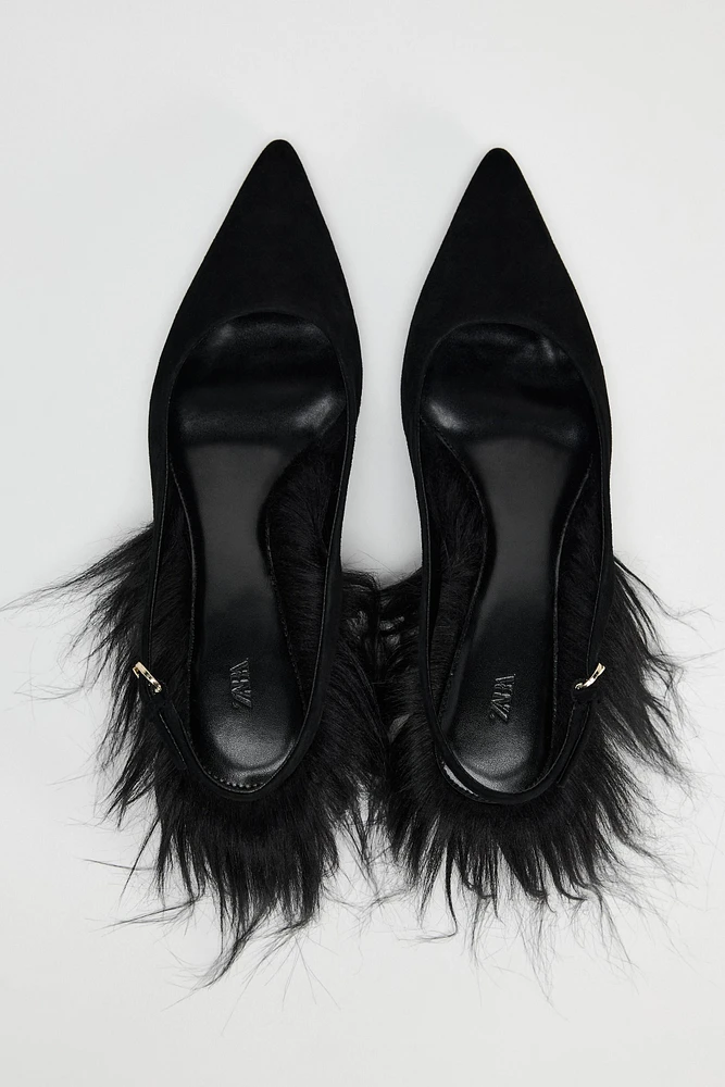 LEATHER SLINGBACK HEELS WITH FAUX FUR DETAIL LIMITED EDITION