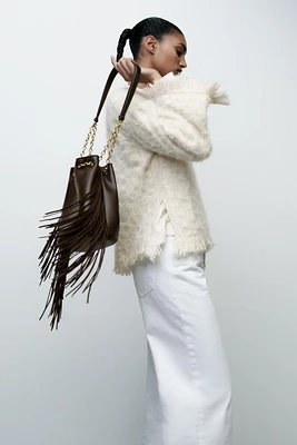 FRINGED CYLINDRICAL BUCKET BAG