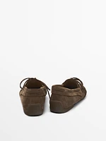 Gathered split suede loafers