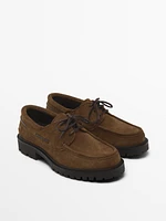 Camel split suede deck shoes