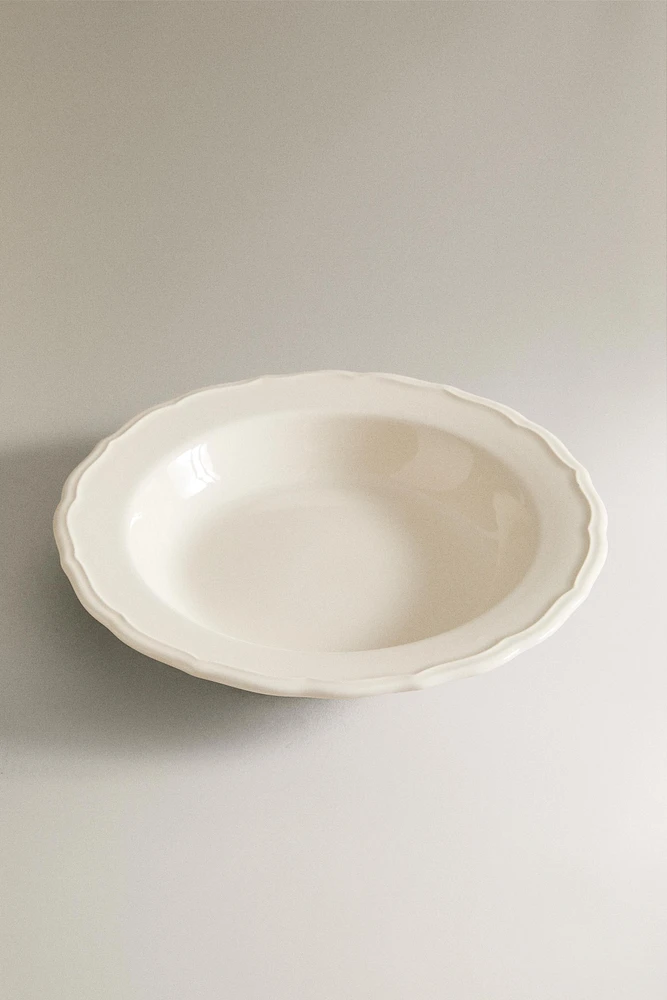 EARTHENWARE SOUP PLATE WITH RAISED-DESIGN EDGE