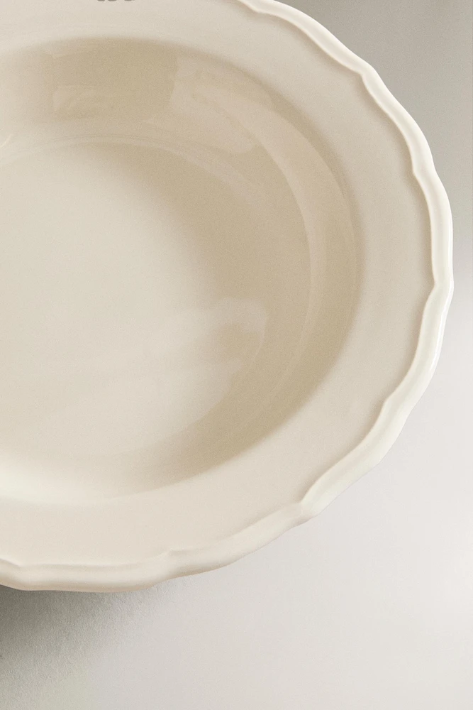 EARTHENWARE SOUP PLATE WITH RAISED-DESIGN EDGE