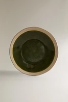 GREEN AND BEIGE STONEWARE DESSERT PLATE