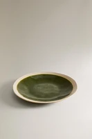 GREEN AND BEIGE STONEWARE DESSERT PLATE