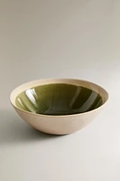 GREEN AND BEIGE STONEWARE APPETIZER BOWL