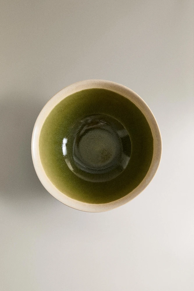 GREEN AND BEIGE STONEWARE APPETIZER BOWL