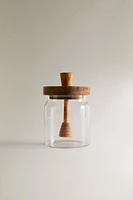 BOROSILICATE GLASS AND WOOD HONEY JAR