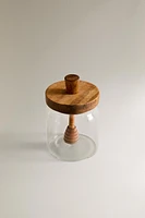 BOROSILICATE GLASS AND WOOD HONEY JAR