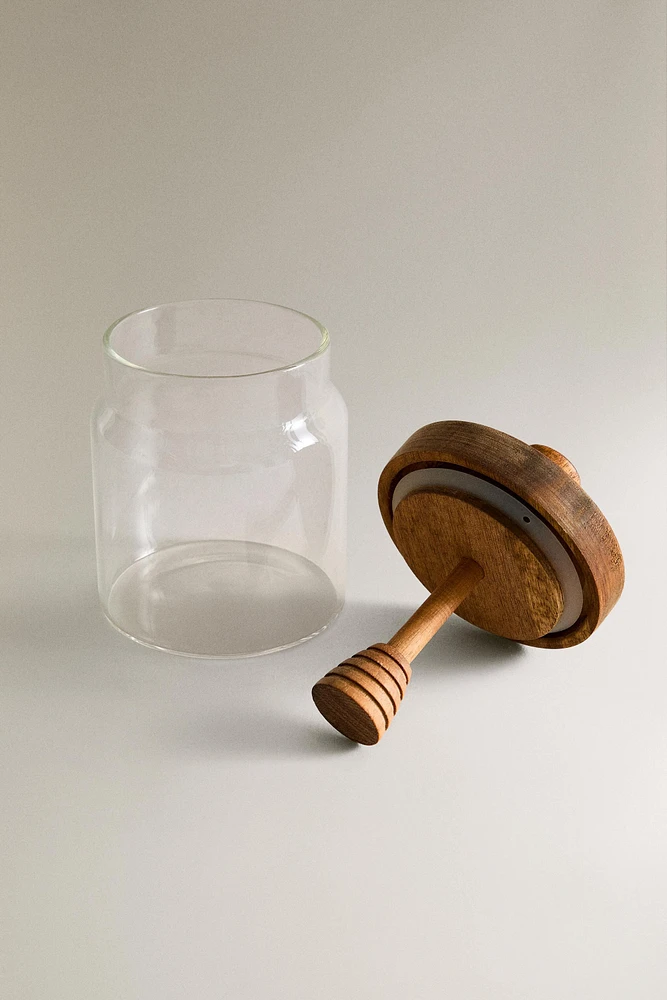 BOROSILICATE GLASS AND WOOD HONEY JAR