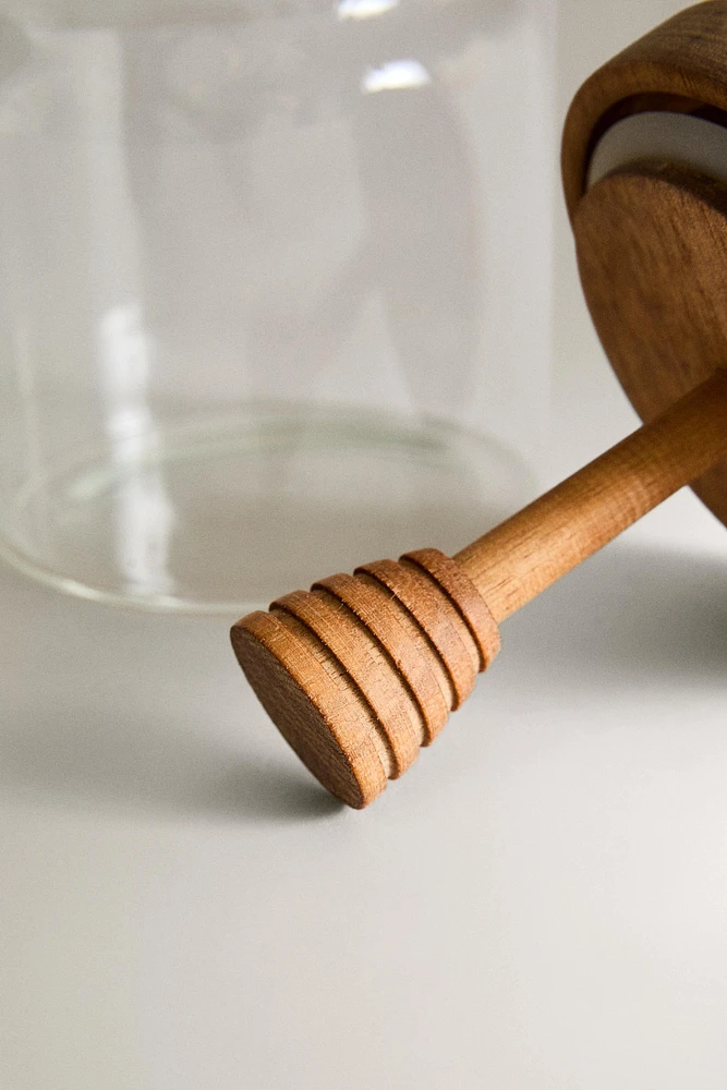 BOROSILICATE GLASS AND WOOD HONEY JAR