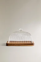 BOROSILICATE GLASS AND WOOD BUTTER DISH