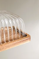 BOROSILICATE GLASS AND WOOD BUTTER DISH