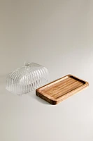 BOROSILICATE GLASS AND WOOD BUTTER DISH