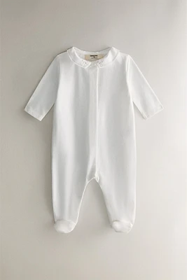 CHILDREN'S FOOTED ROMPER WITH EMBROIDERED MOUSE