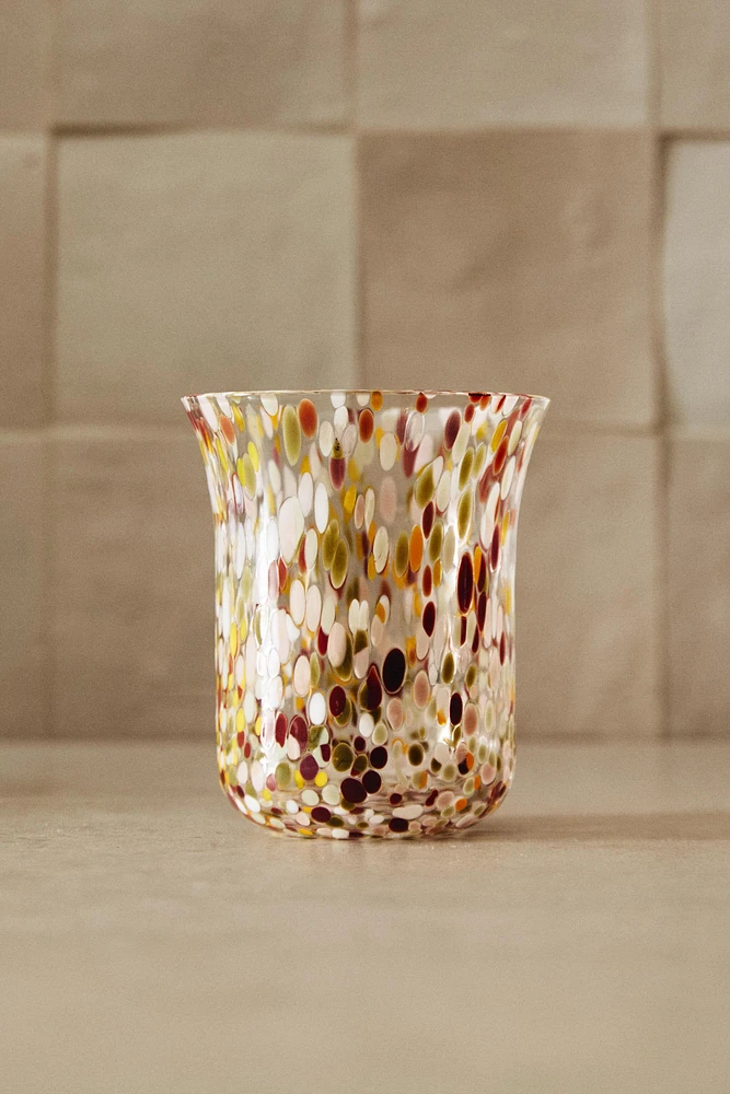 BLOWN GLASS TUMBLER WITH SPECKLED DESIGN