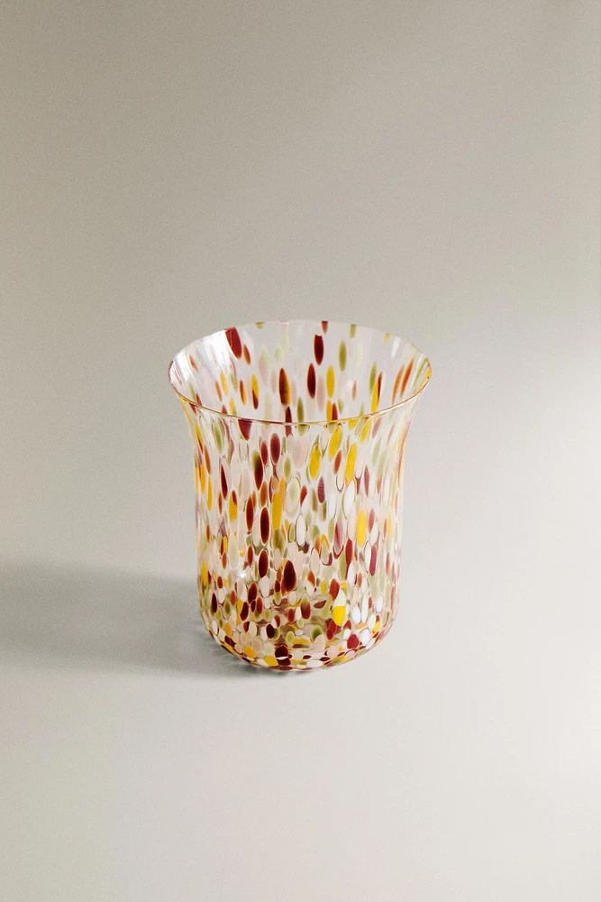 BLOWN GLASS TUMBLER WITH SPECKLED DESIGN