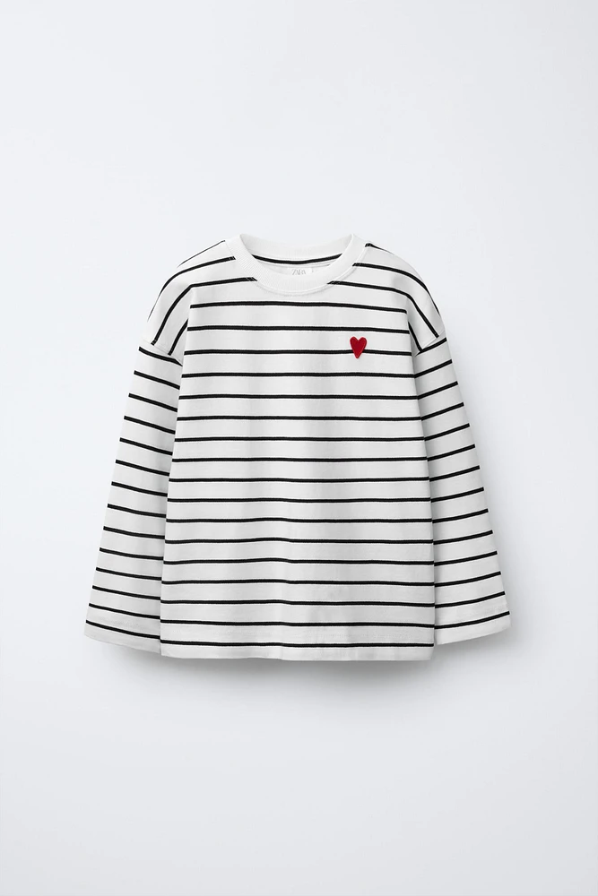 HEART EMBROIDERED PATCH STRIPED T-SHIRT